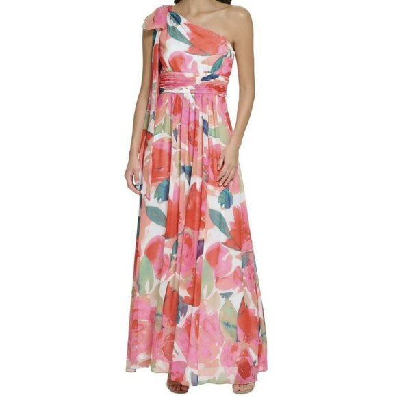 Eliza J Floral One Shoulder Bow Tie Maxi Dress Formal Chiffon Gown